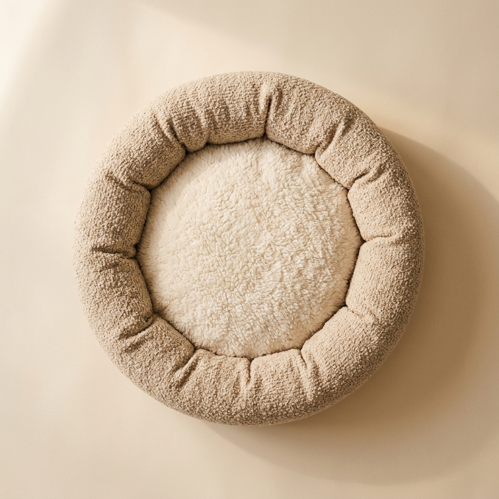 Cloud Bolster Bed in oat bouclé, round small size with a sherpa-lined base