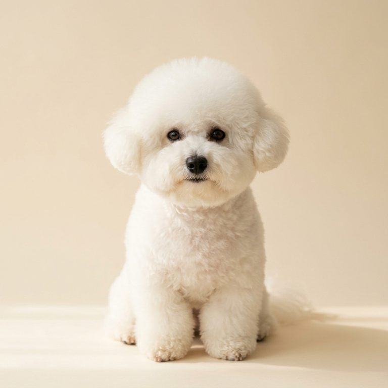 A white Bichon Frisé sitting on a cream backdrop after a round-finish groom