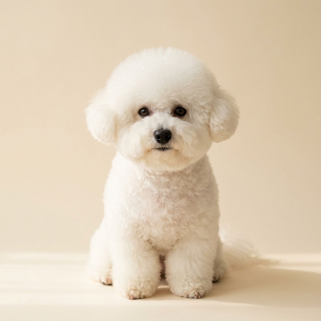 A white Bichon Frisé sitting on a cream backdrop after a round-finish groom