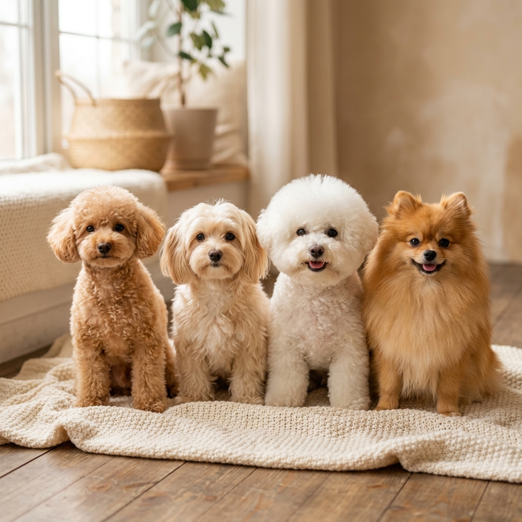 Four small curly-coated dogs sitting together on a knitted rug in a bright room