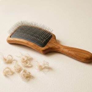 Tight-Curl Slicker Brush with a cherrywood handle, beside loose cream curl clippings
