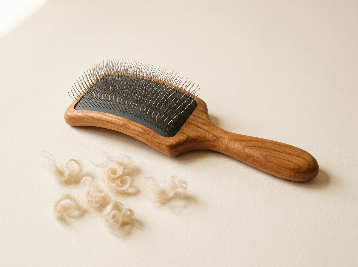 Tight-Curl Slicker Brush with a cherrywood handle, beside loose cream curl clippings