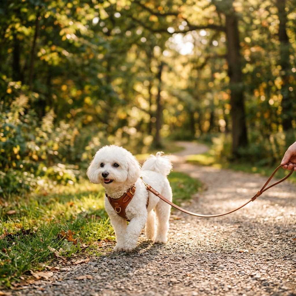 A white Bichon Frisé walking a woodland path in a tan harness and leash