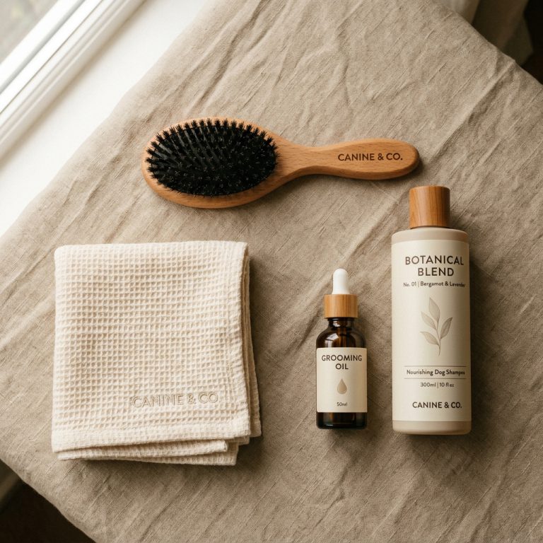 Flat-lay grooming kit on linen — bristle brush, waffle towel, grooming oil and a shampoo bottle