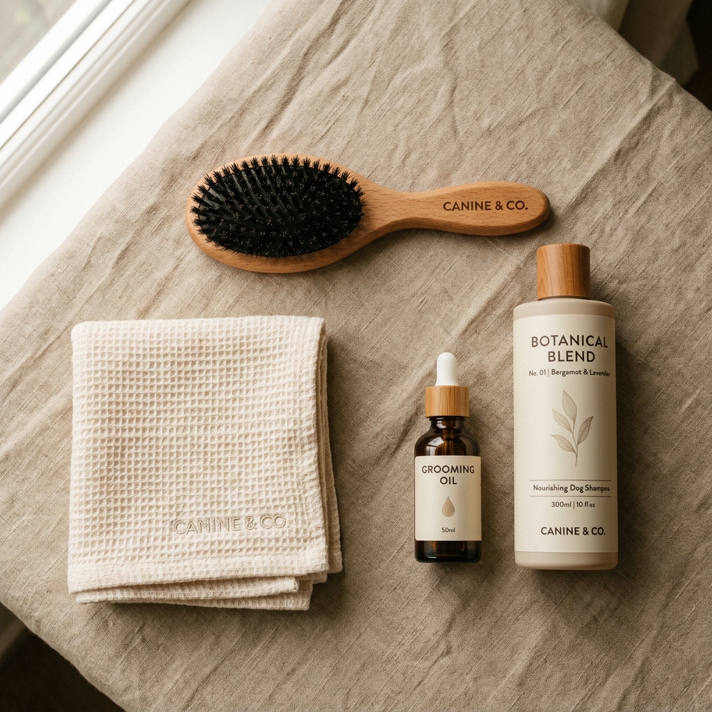 Flat-lay grooming kit on linen — bristle brush, waffle towel, grooming oil and a shampoo bottle