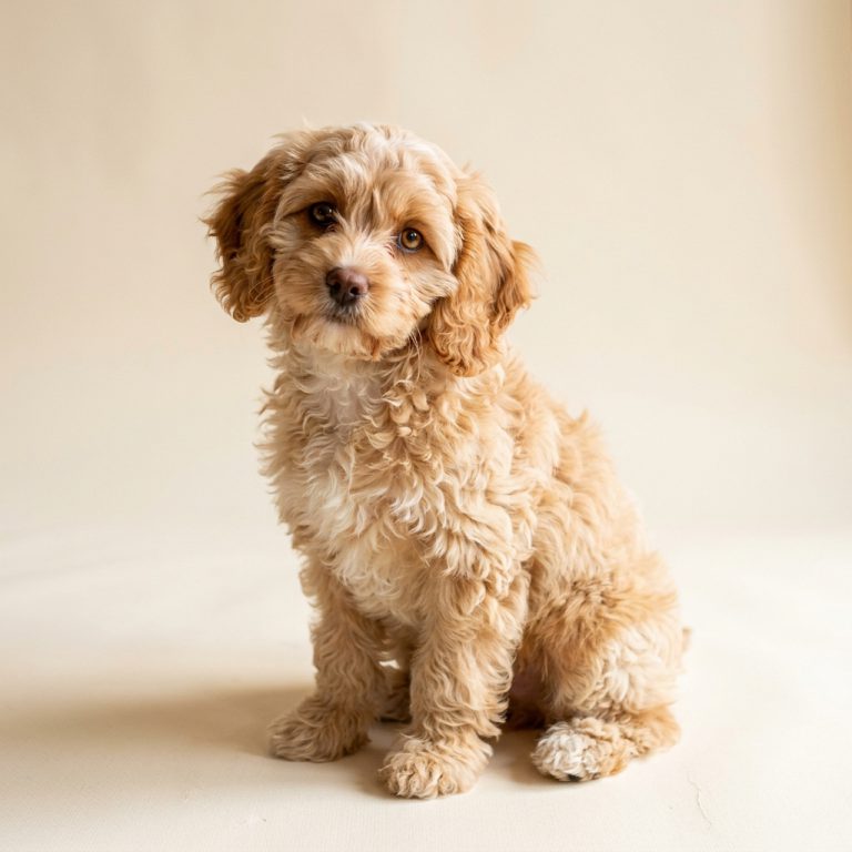 An apricot Cavapoo sitting on a cream studio backdrop, wavy coat and feathered ears