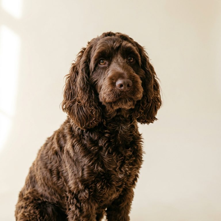 A chocolate-brown Cockapoo sitting against a cream backdrop, long wavy ear curls