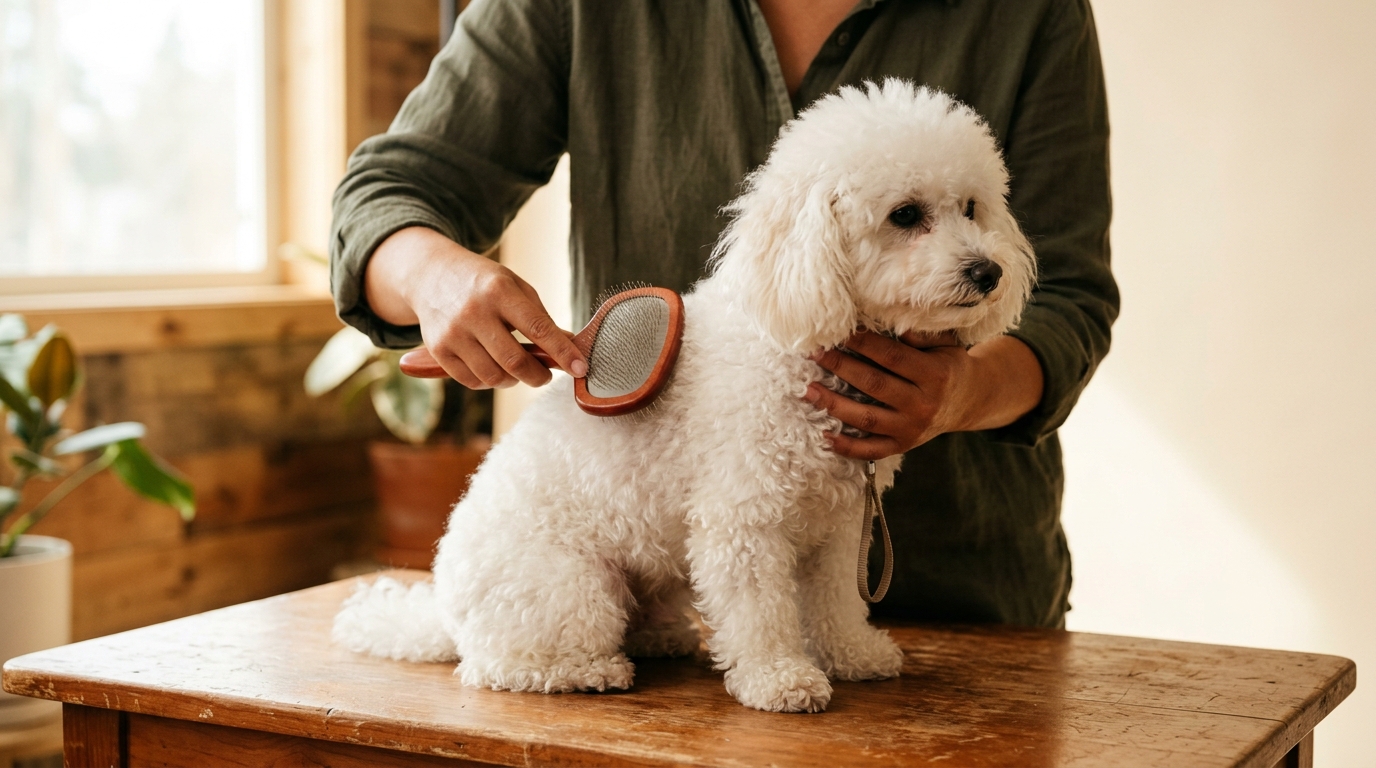 A groomer brushing a small white curly-coated dog on a wooden table by a window