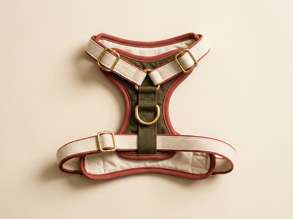 Curlpup Original Harness Mk II laid flat — cream cotton webbing with terracotta trim, olive ripstop back panel and brass hardware