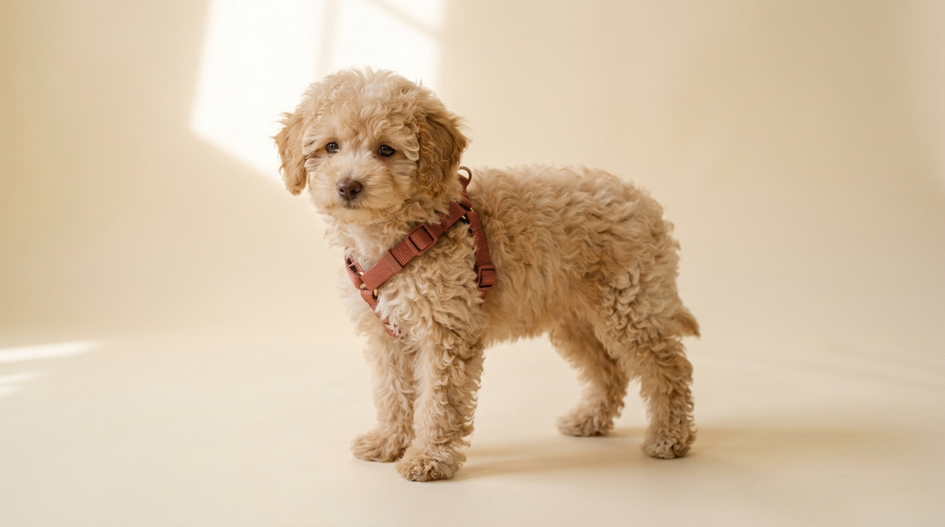 An apricot Toy Poodle puppy standing in a terracotta Curlpup harness on a cream studio floor