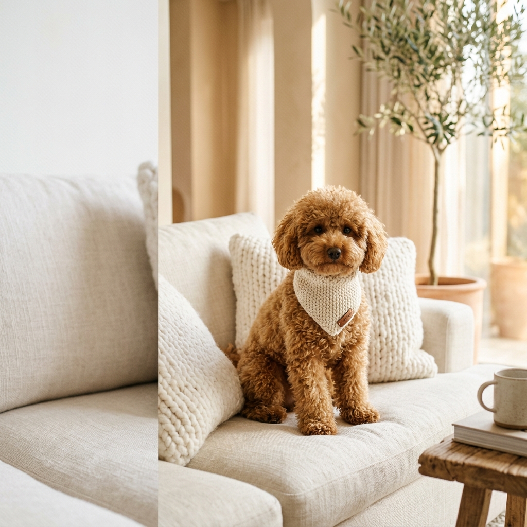An apricot Toy Poodle in a cream knit bandana sitting on a linen sofa beside an olive tree