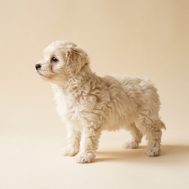 A cream Maltipoo standing in profile on a warm studio backdrop after a groom
