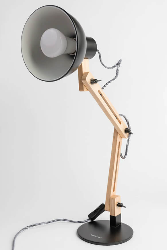 Wooden desk lamp with a black shade