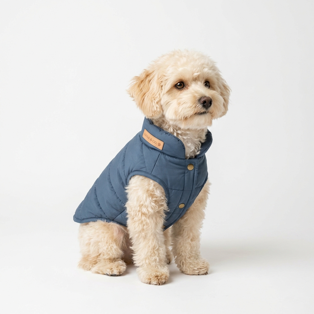 Compact Puffer Coat in slate blue worn by a cream Toy Poodle