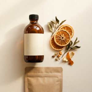 Curl Definition Shampoo in an amber glass bottle with a kraft refill pouch and dried orange slices