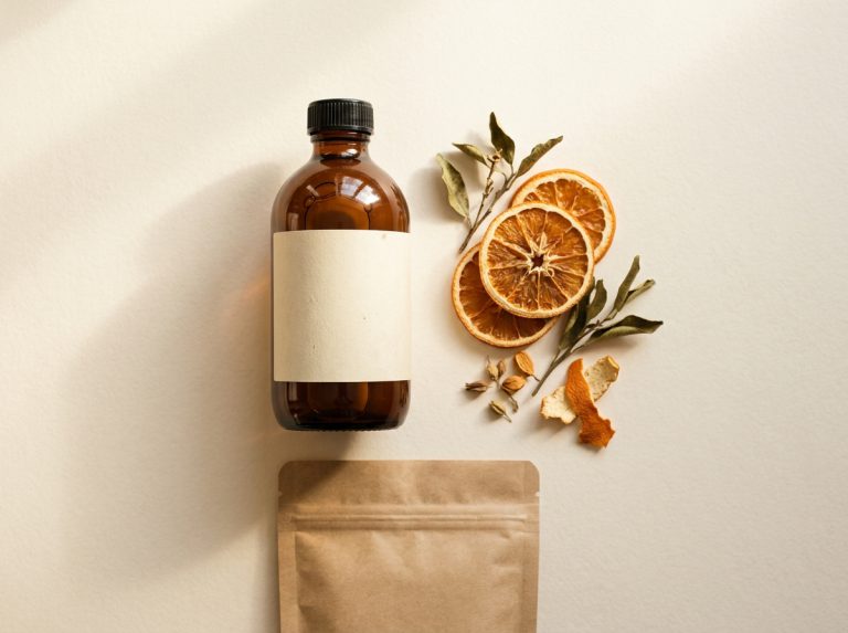 Curl Definition Shampoo in an amber glass bottle with a kraft refill pouch and dried orange slices