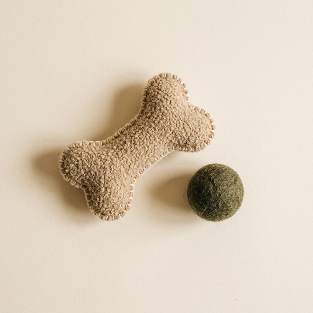 Snuffle Curl Toy — a cream bouclé bone with a felted olive ball